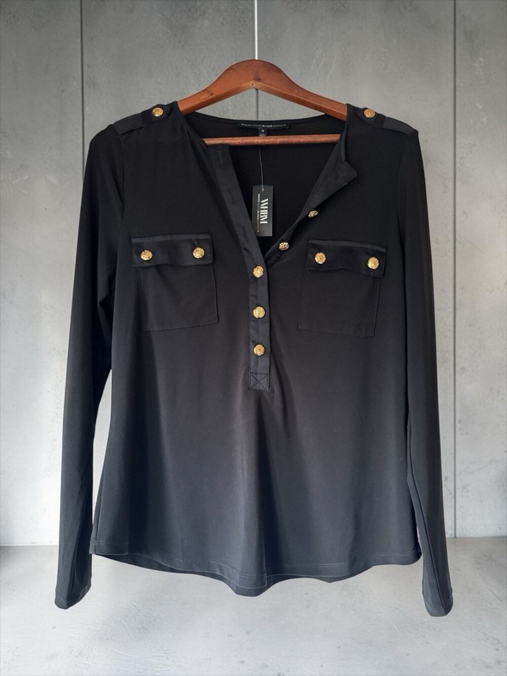 NWT White House Black Market Women's Black V-Neck Buttons Pocket Blouse Size M